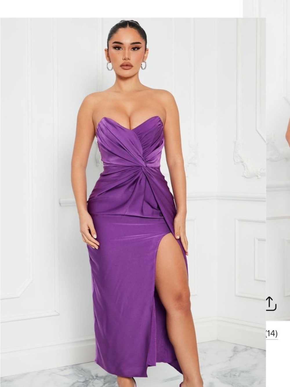 Strapless Purple satin Twist-Front Midi Dress